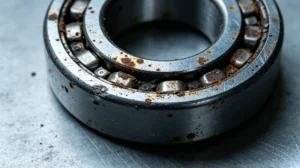 Close-up view of a metal bearing with visible rust and corrosion on its surface, resting on a gray metallic background.