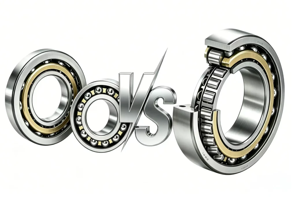 Side-by-side comparison of ball bearings and roller bearings with a 'VS' symbol in the center, showcasing design differences.