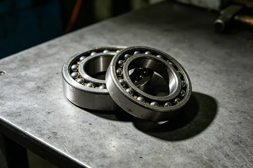 Two metal ball bearings placed on a steel worktable under focused lighting, showcasing industrial equipment components.