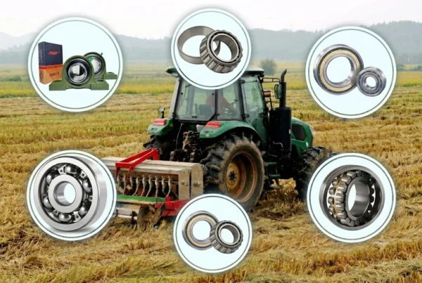 Green tractor in a harvested field surrounded by illustrated representations of various bearing types used in machinery.