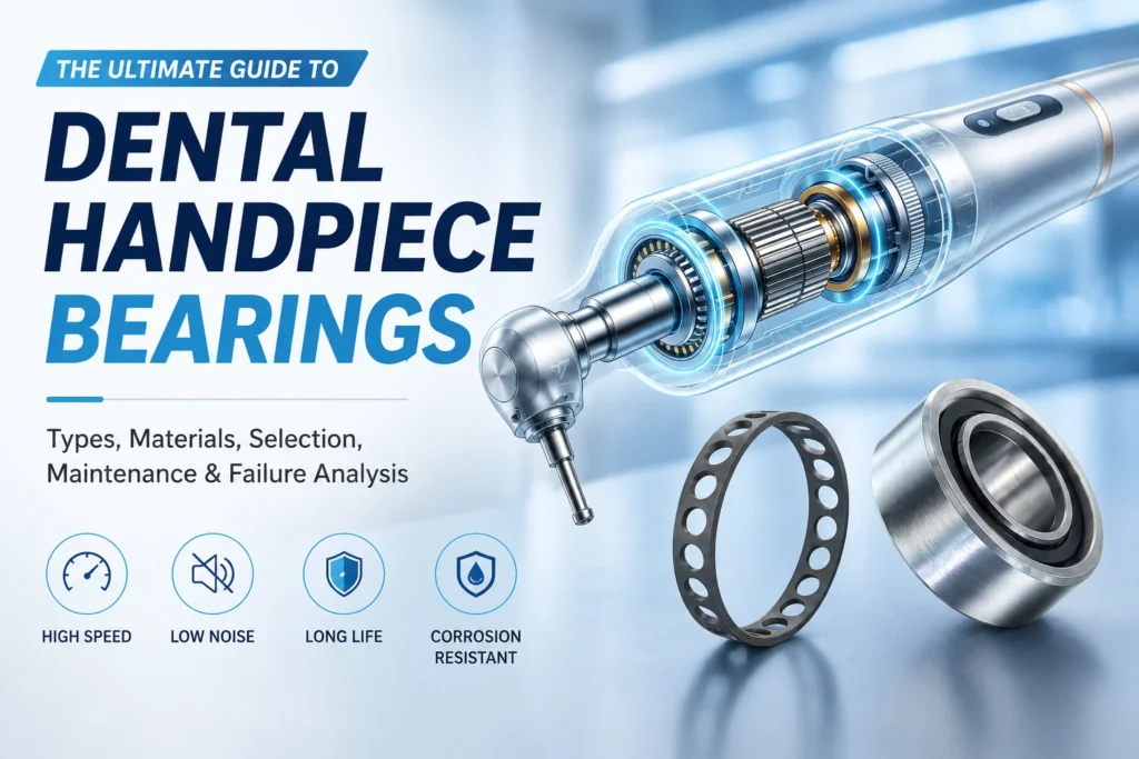 Illustration of a dental handpiece showing internal bearings with text explaining types, materials, maintenance, and benefits such as high speed, low noise, long life, and corrosion resistance.