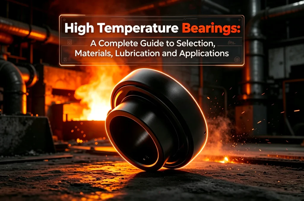 A high-temperature bearing highlighted with a glowing edge in a fiery industrial factory setting. Text overlay reads 'High Temperature Bearings: A Complete Guide to Selection, Materials, Lubrication, and Applications.'