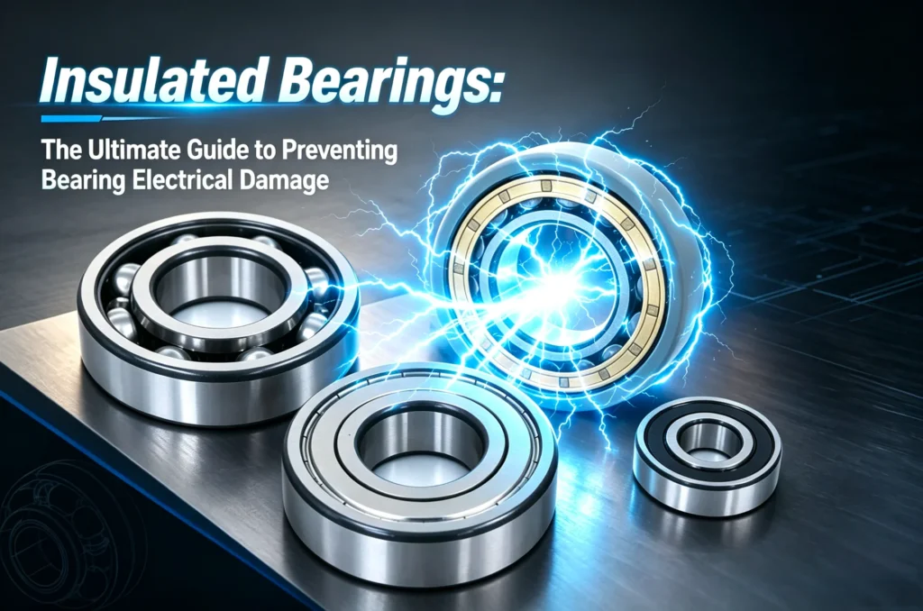 Close-up of metal insulated bearings on a reflective surface with electric sparks highlighting electrical damage prevention.