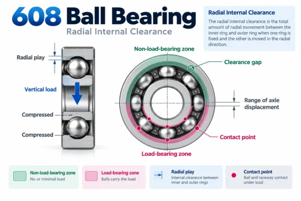 Technical diagram illustrating radial internal clearance concepts in a 608 ball bearing