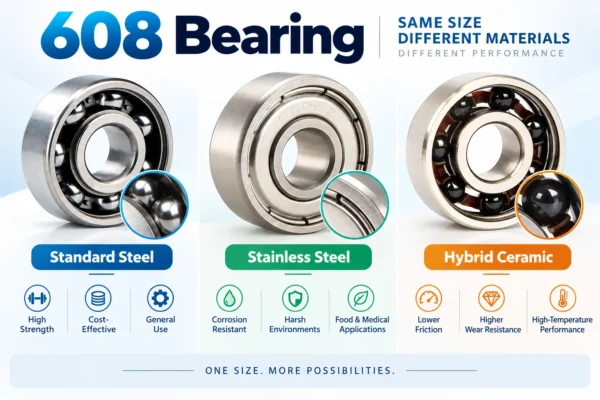 Visual comparison of different bearing materials: standard steel, stainless steel, and hybrid ceramic with black balls