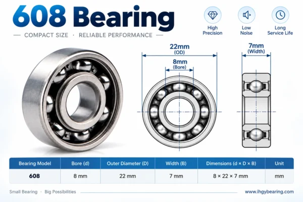 Standard 608 bearing schematic showing 8mm bore, 22mm OD, and 7mm width dimensions