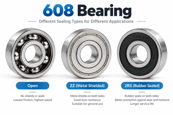 Comparison image showing three 608 bearings side-by-side: open, metal shielded ZZ, and rubber sealed 2RS