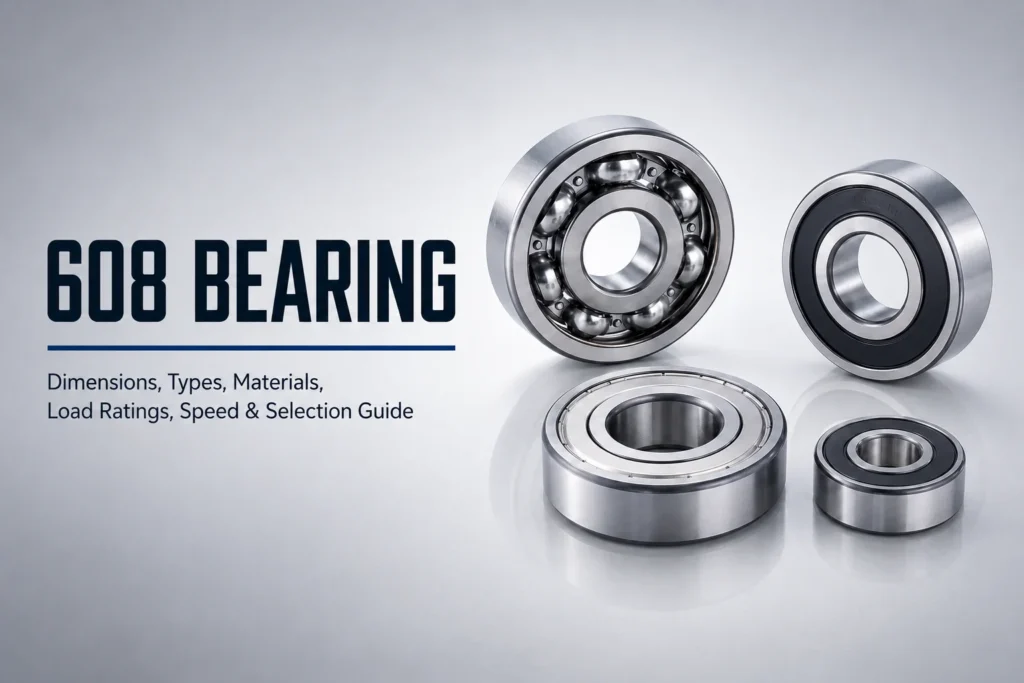 Close-up view of various 608 bearings showcasing different designs, with text highlighting dimensions, types, materials, load ratings, and a selection guide.