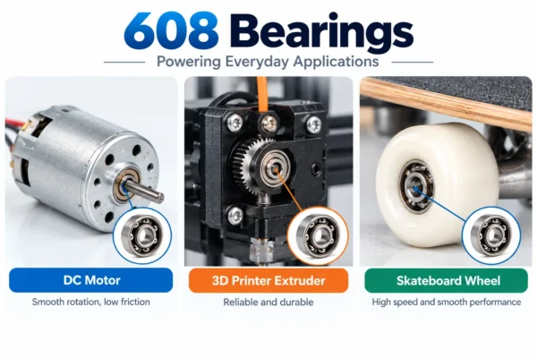 Montage of equipment using 608 bearings: a small DC motor, a 3D printer extruder, and a skateboard wheel