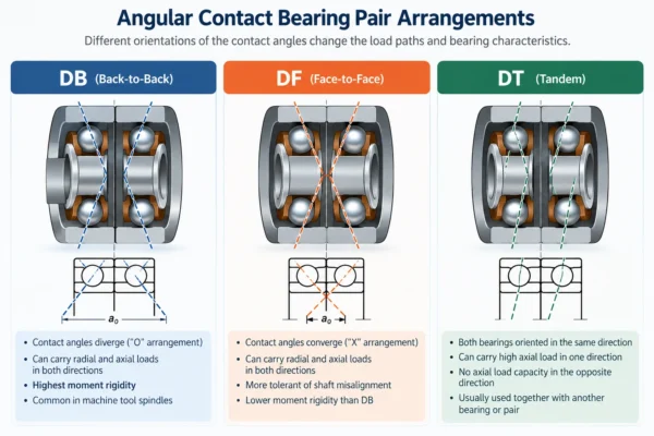 Simple diagrams illustrating the load lines for DB (Back-to-Back), DF (Face-to-Face), and DT (Tandem) angular contact bearing arrangements.