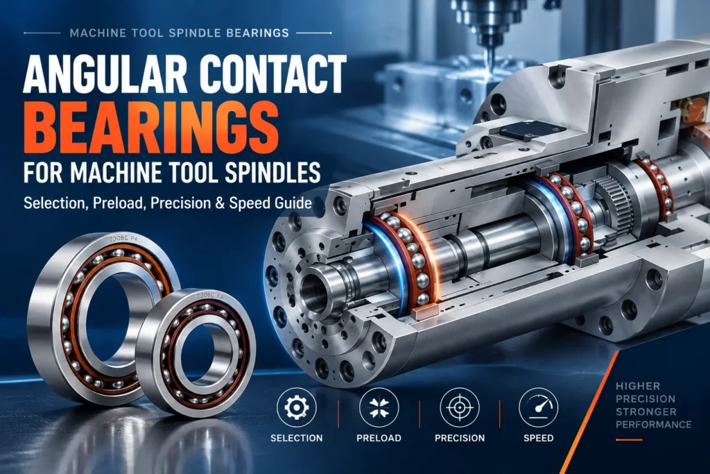 Close-up view of angular contact bearings and a machine tool spindle assembly with labeled features like selection, preload, precision, and speed.