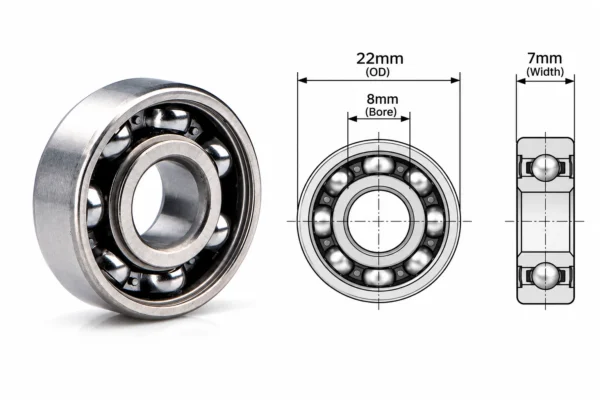 Standard 608 bearing schematic showing 8mm bore, 22mm OD, and 7mm width dimensions