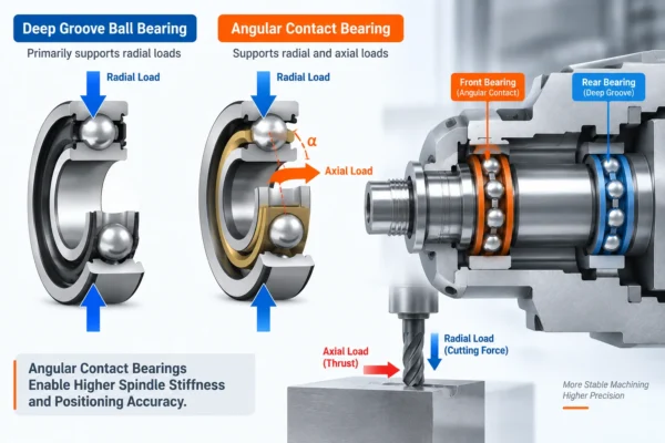 A diagram showing the load paths in an angular contact bearing compared to a deep groove ball bearing within a machine tool spindle.