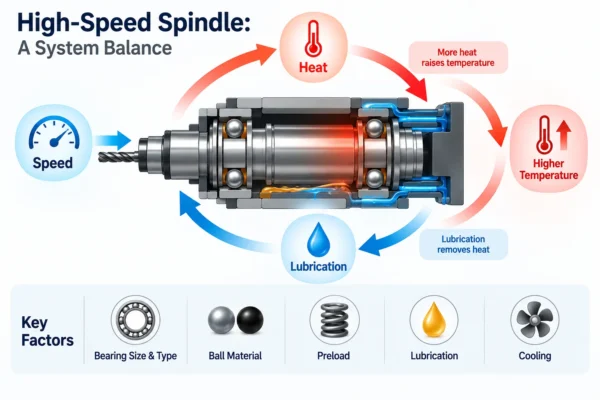 An infographic showing the interplay between speed, temperature, and lubrication in a high-speed machine tool spindle.