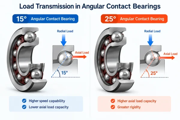 Diagram illustrating the difference in load transmission between a 15-degree and a 25-degree angular contact bearing.