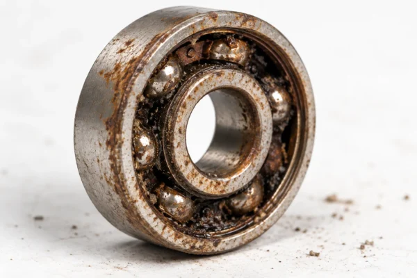 Close-up photo of a failed 608 bearing showing signs of rust and contamination ingress