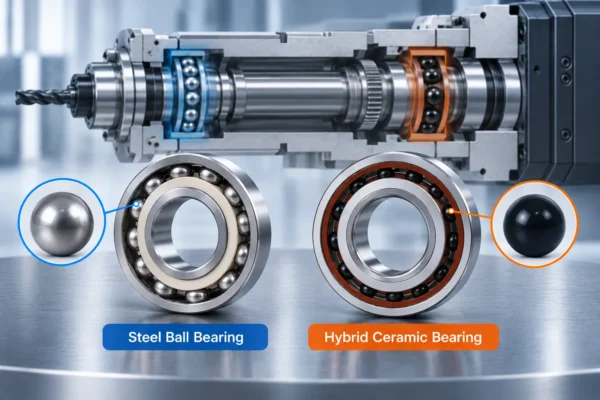 Side-by-side comparison of a steel ball bearing and a hybrid ceramic bearing for a machine tool spindle.